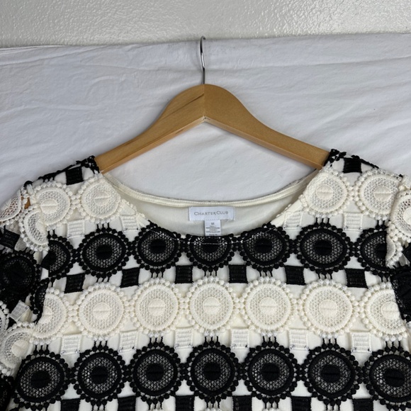 Charter Club Women’s Blouse Crochet Black/ Beige Short Sleeve Size‎ Medium - Picture 3 of 6